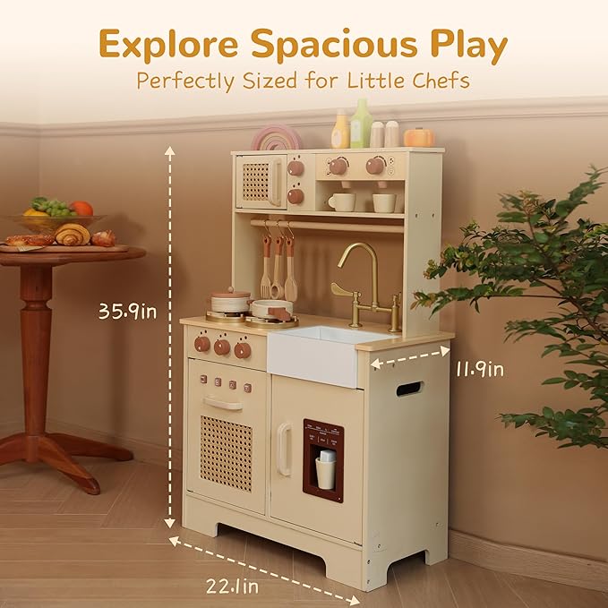 Play Kitchen for Kids, Wooden Play Kitchen Set with Realistic Features, Small Play Kitchen Toy Designed Ideal for Toddlers, for Ages 3+