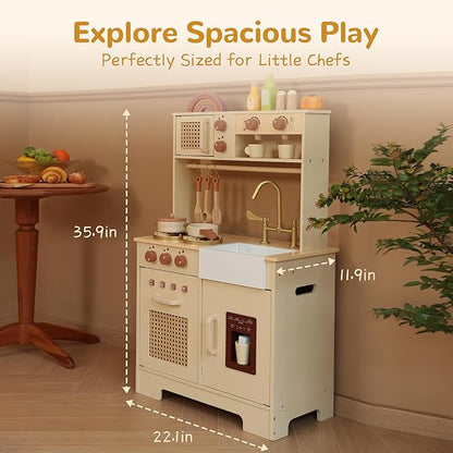 Play Kitchen for Kids, Wooden Play Kitchen Set with Realistic Features, Small Play Kitchen Toy Designed Ideal for Toddlers, for Ages 3+