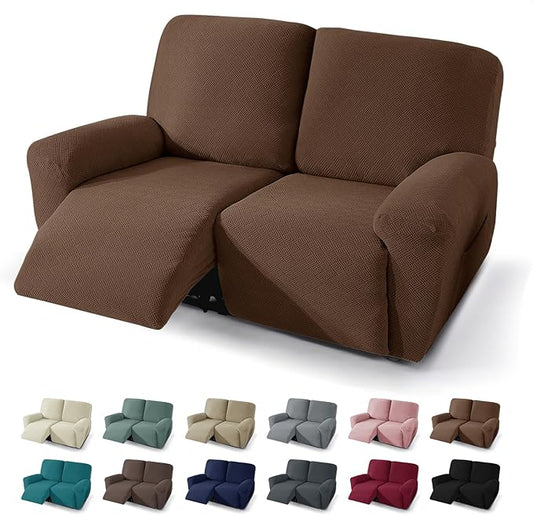 JIVINER 4 Pieces Recliner Loveseat Covers Stretch Recliner Sofa Slipcover with Elastic Bottom Jacquard Fitted Reclining Couch Cover Furniture Protector with Pockets (2 Seater, Brown)