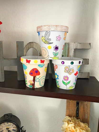 Deluxe Classroom Bulk 12 Pack of Decorate Your Own DIY Cardstock Craft Flower Pots with Hundreds of Foam Flowers and Bugs, and Acrylic Gems and Jewels