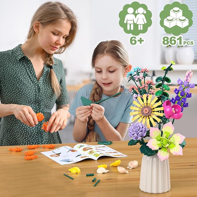 Flowers Bouquet Building Set, DIY Home Offic Botanical Bouquet Decoration Kit, Creative Gift for Women, Girls, Kids, Adults - Great for Birthdays, Christmas and More (861Pcs)