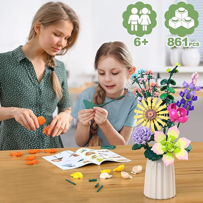 Flowers Bouquet Building Set, DIY Home Offic Botanical Bouquet Decoration Kit, Creative Gift for Women, Girls, Kids, Adults - Great for Birthdays, Christmas and More (861Pcs)