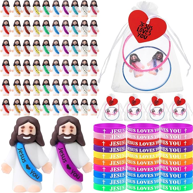 Bememo 150 Pcs Jesus Toys 50 Jesus Loves You Rubber Bracelets 50 Mini Jesus Figures 50 Organza Bag and Card Jesus Wristbands Bracelets for Sunday School Church Hide Game Religious Gift