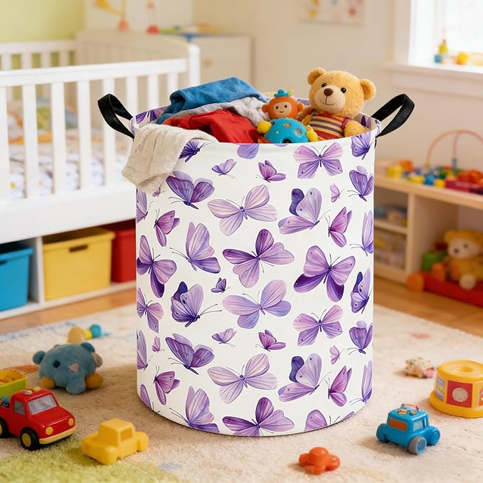 Butterfly hamper,Purple Laundry Basket,Baby Nursery Hamper,Waterproof foldable girls toy storage box,Dirty Clothes Hampers,Flower house decor(Purple Butterflies)