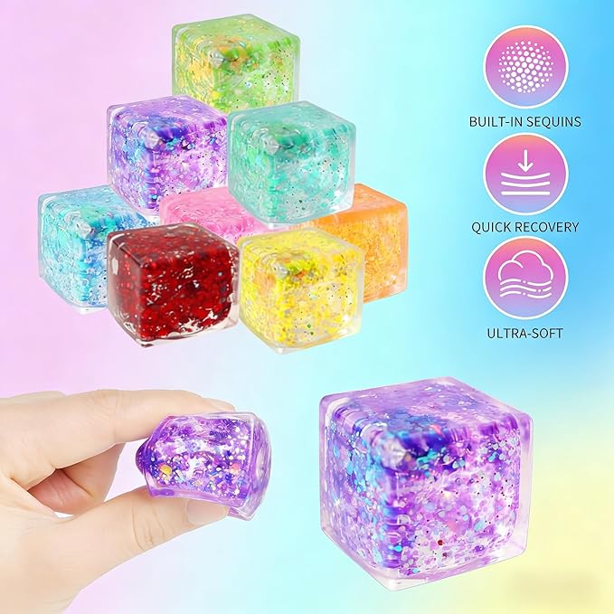 24 Pack Slow Rising Ice Cube Squishy Stress Balls，Stress Cube for Adults Kids , Sensory Fidget Toy for Anxiety Relief, Square Squeeze Toy for Classroom Prizes, Mini Nice Cube Squishy for Party Favors