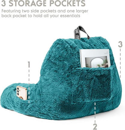 Nestl Fur Reading Pillow, Stylish Back Pillow for Bed Sitting Up, Faux Fur Bed Chair Pillow with Arms, Reading Pillows for Sitting in Bed Adult & Kids, Sit Up Back Support Pillow for Bed Rest - Teal
