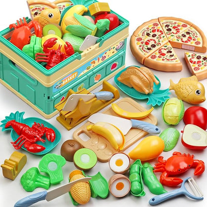 Cutting Play Food Toy for Kids - Pretend Fruit & Vegetable Accessories with Foldable Shopping Storage Basket Play Kitchen Toys with Dishes Knives Learning Toy for Toddler Toys Birthday Gift