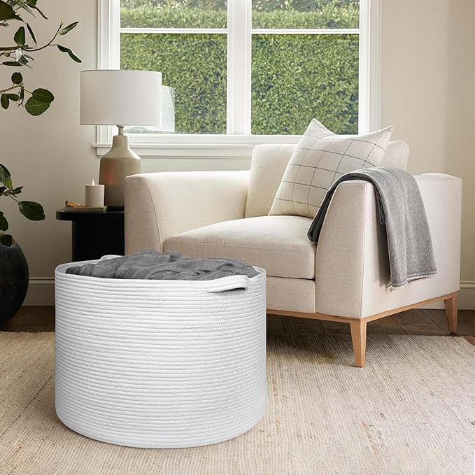 MEGASKET 115L White Cotton Rope Storage Basket, 23.6"x15.7" Extra Large Blanket Storage Living Room, XXXL Soft Toy Bin for Organizing, Woven Baby Laundry Basket with Handle, Wicker Hamper Nursery