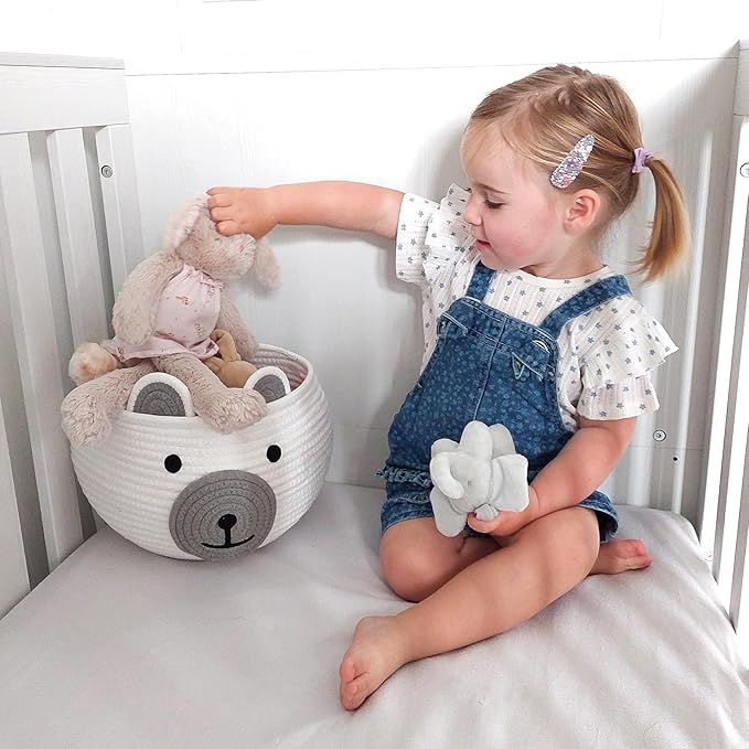 CherryNow Cotton Rope Baby Basket for Nursery, Bear Gift Baskets for Kids, Empty Baby Shower Basket with Handles, Small Cute Animal Baskets, White, 10.5"D x 8.5"H