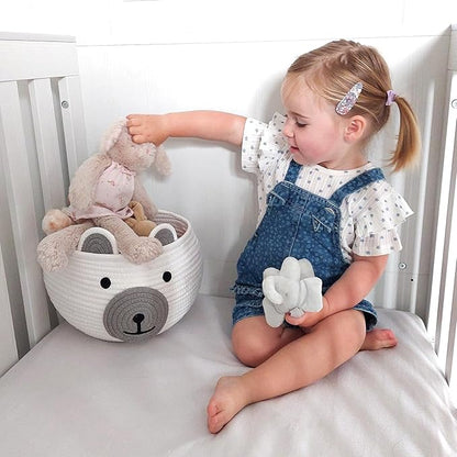 CherryNow Cotton Rope Baby Basket for Nursery, Bear Gift Baskets for Kids, Empty Baby Shower Basket with Handles, Small Cute Animal Baskets, White, 10.5"D x 8.5"H