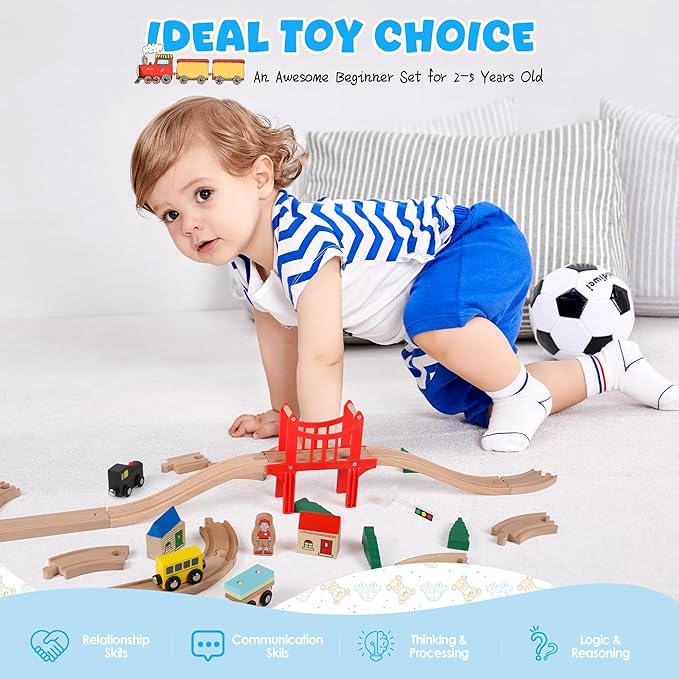 39 Pcs Wooden Train Tracks Set for Toddler, Wooden Toy with Magnetic Trains, Railway Set Christmas Toys, Compatible with All Major Brands for Girls & Boys 3-7 Years Old