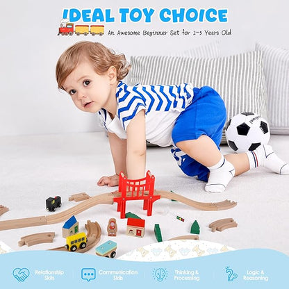 39 Pcs Wooden Train Tracks Set for Toddler, Wooden Toy with Magnetic Trains, Railway Set Christmas Toys, Compatible with All Major Brands for Girls & Boys 3-7 Years Old