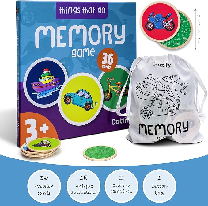 Montessori-Inspired Wooden Matching Game for Toddlers 2-4 Years - Things that Go - Durable, Scratch-Resistant 36 Card Set, Includes Carry Bag - Memory Game for Toddlers 2-4 Years - Means of Transport