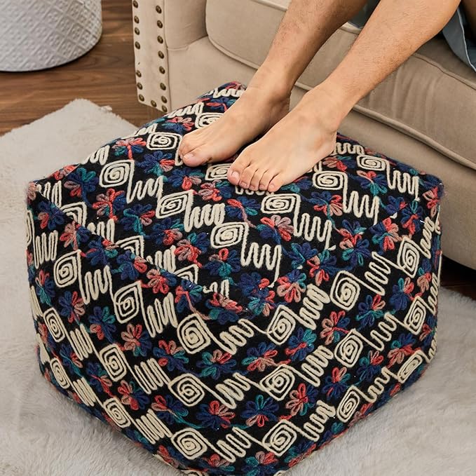 Unstuffed Pouf Ottoman Cover Storage Bean Bag Cube Foot Rest Floral Footstool Floor Pillow Farmhouse Cushion for Living Room, Bedroom, Nursery, Kidsroom, Nook