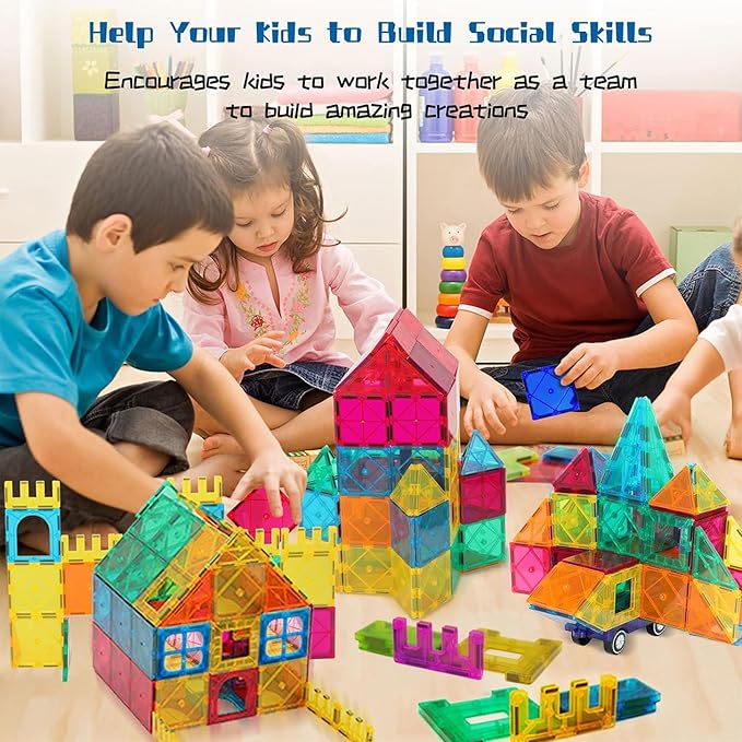 Magnetic Tiles,102PCS Magnetic Building Blocks 3D Clear Construction Playboards, Inspiration, Creativity Beyond Imagination, Educational Magnet Toy Set for Kids with 2 Cars