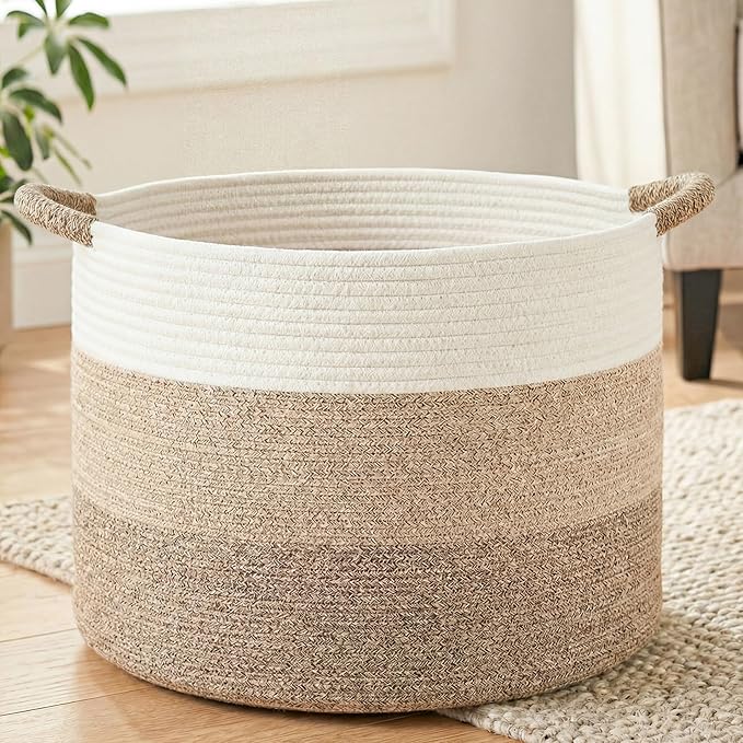 Artfeel 70L Large Cotton Rope Basket, Decorative Woven Blanket Storage for Living Room, Boho Toy Storage & Toy Box for Kids, Versatile Laundry Basket & Nursery Hamper for Blankets(BrownYellow)