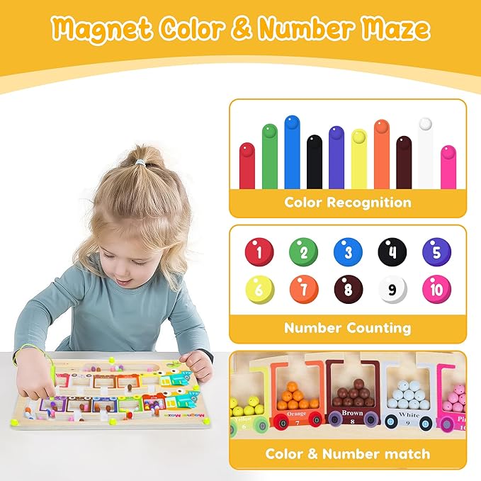 Magnetic Color & Number Maze Montessori Wooden Magnet Puzzle Game Board Montessori Color Matching Learning Counting Puzzle Board Toddler Fine Motor Skills Toys Gift