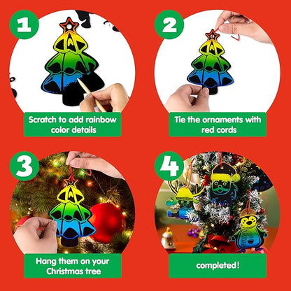 JOYIN 120 Pcs Christmas Scratch Art Ornaments, Rainbow Color Scratch Paper Craft Kit, Christmas Hanging Ornament, Scratch Off DIY Arts & Crafts Kit for Kids, Holiday Crafts Party Favor