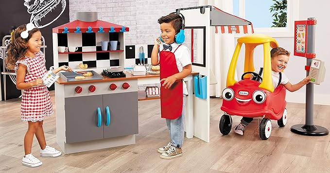 Little Tikes Real Wood Drive-Thru Diner Wooden Play Kitchen with Realistic Lights Sounds and Multi-Sided, 40+ Accessories Set, Gift for Kids, Toy for Girls & Boys Ages 3 4 5+ Years(Multi color)
