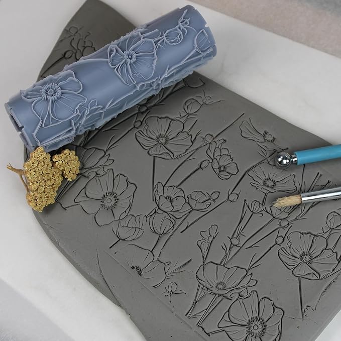 Meadow Bloom Clay Texture Roller (4") - Seamless Meadow Set #01 - Embossing Pattern Roller for Polymer & Ceramic Clay, Pottery & Crafts