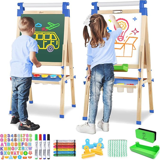 JOYOOSS Easel for Kids Art Easel Kids Easels for Toddlers,Wooden Kid Easel with Paper Roll - Adjustable Magnetic Double Sided Kids Dry Erase Board, Birthday Gifts for 1-12 Year Old Girls or Boys Blue