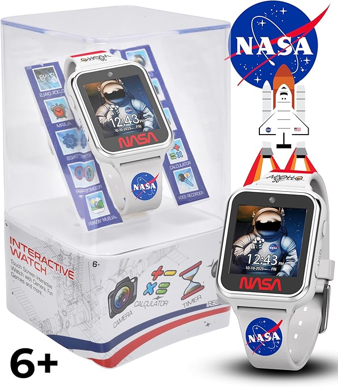 NASA Kids Interactive Smart Watch with Educational Features, Step Counter, Voice Recorder, Camera, Games, Alarm, Timer, Stopwatch, Touchscreen Display, and Fun NASA Themes for Learning and Play