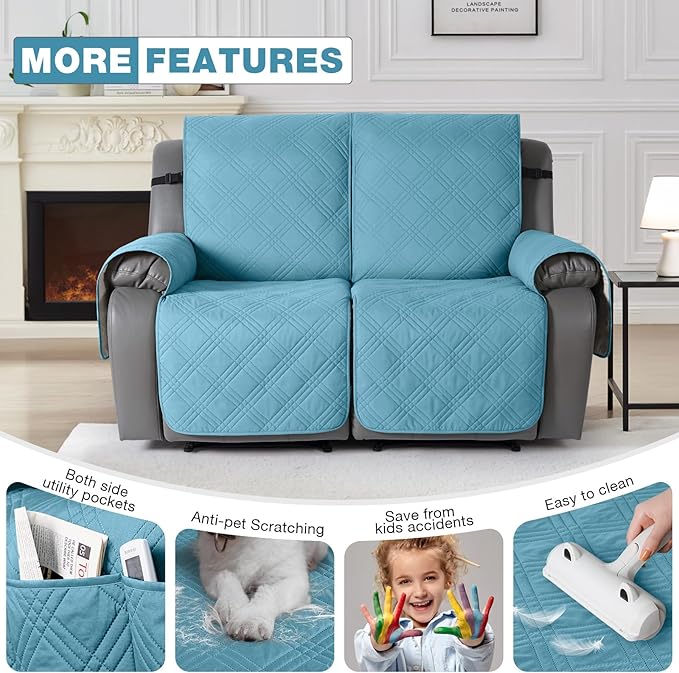 TAOCOCO 100% Waterproof Loveseat Recliner Cover, Non Slip Split Recliner Couch Cover with Elastic Straps, Washable Reclining Sofa Cover Furniture Protector for Kids, Pets(2 Seater, Sky Blue)