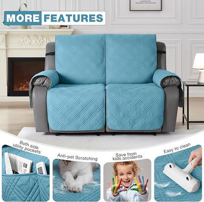 TAOCOCO 100% Waterproof Loveseat Recliner Cover, Non Slip Split Recliner Couch Cover with Elastic Straps, Washable Reclining Sofa Cover Furniture Protector for Kids, Pets(2 Seater, Sky Blue)