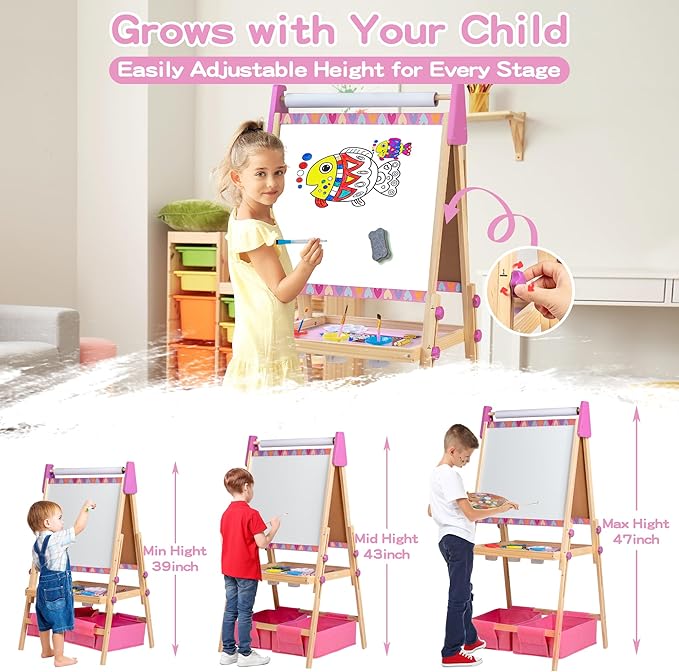 3-in-1 Adjustable Kids Art Easel with Magnetic Whiteboard, Chalkboard & 3 Paper Rolls, All-in-One Double Sided Wooden Painting Easel with Accessories for Toddlers and Kids Ages 3+