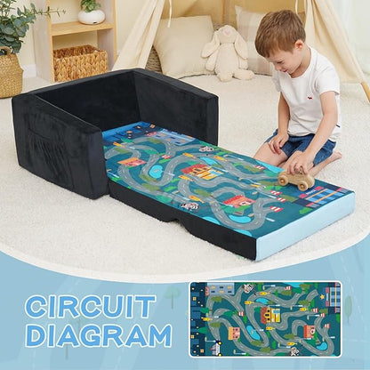 MallBest Kids Sofas Toddler Couch Bed Baby's Upholstered Chair Sleepover Couch Flipout Open Recliner(Black/Police Car)