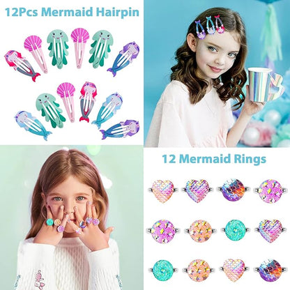 Golray 96Pcs Mermaid Party Favors with Goodie Bags Necklace Bracelet Rings Hair Clip Stampers Tattoo Tail Keychain for Girls Prize Toy Gift Stuffers Fillers Pinata Mermaid Birthday Party Supplies