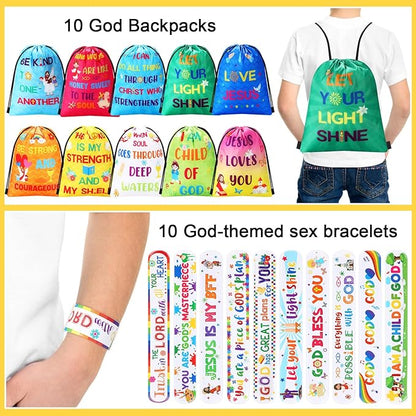 Frienda 10 Sets Christian Gift Bags Bulk Bible Verse Drawstring Bags with Jesus Slap Bracelets Religious Party Favors Gifts Jesus Loves You for Sunday School Classroom Prizes Party Supplies(Stylish)