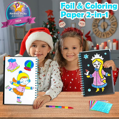 Foil Art Craft Activity for Kids: Fun DIY Toy Sticker Kit, No Mess Creative Travel Supply Set, Idea Birthday Easter Basket Stuffers Valentines Gift for Girl Boy Toddler 4 5 6 7 8 9 Year Old (Winter)