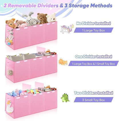Mabahoo Extra Large Toy Box, Toybox for Kids Boys Girls, Collapsible Sturdy Toy Storage Organizer with Mesh Pockets, 40"x14"x16" Kids Storage Boxes Bins Baskets for Nursery, Playroom, Pink