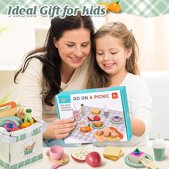 Toyssa Wooden Picnic Tea Party Set for Litle Girls 3-5, Picnic Pretend Play Kitchen Accessories for Kids with Fruits & Desserts, Toys Foods Christmas Birthday Gifts for Girls Boys 3 4 5 6 Years Old