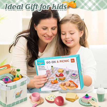 Toyssa Wooden Picnic Tea Party Set for Litle Girls 3-5, Picnic Pretend Play Kitchen Accessories for Kids with Fruits & Desserts, Toys Foods Christmas Birthday Gifts for Girls Boys 3 4 5 6 Years Old