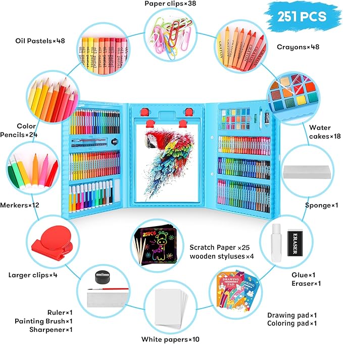 iBayam Art Kit, 251-Pack Art Supplies Drawing Kits, Arts and Crafts Gifts Box for Kids Teen Girls Boys, Art Set Case with Trifold Easel, Scratch Paper, Sketch Pad, Coloring Book, Crayons, Pencils
