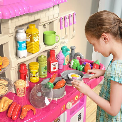 Toddler Kids Kitchen Playset, Play Kitchen Set with Sounds and Lights for Toddlers Kids 3-5 6-8, Pretend Food Toy Kitchens Christmas Birthday Gifts for Toddlers Kids 3 4 5 6 7 8 Years Old