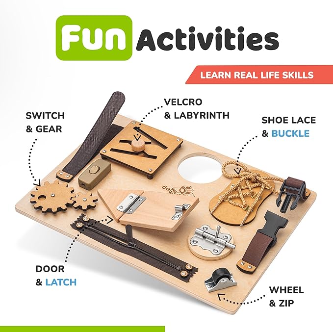 Busy Board Montessori Toys for Toddlers, Sensory Wooden Toy with 10 Preschool Learning Activities for Fine Motor Skills, Educational Plane and Car Travel Toy for Toddlers Boys and Girls
