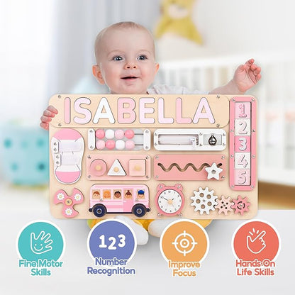 KALOTOYS Personalized Large Busy Board for Toddlers - Montessori Busy Board - Montessori Toys for 1 Year Old Baby Boys Girls - Sensory Toys for Toddlers 1-3 - Peronalized Baby Gift