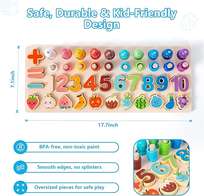 Montessori Magnetic Fishing Game for Toddlers 3 4 5 Year Old - 3-in-1 Wooden Number & Color Sorting Toy, Fine Motor Skills Preschool Educational Learning Toys, Birthday Gifts for Boys Girls