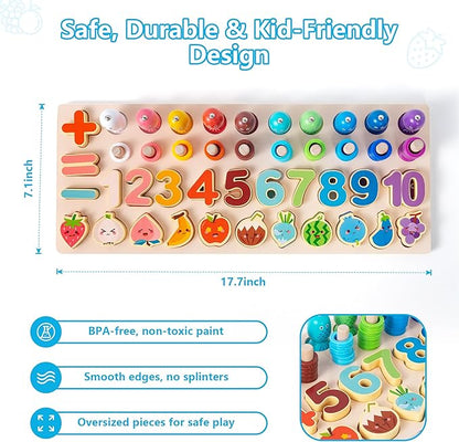 Montessori Magnetic Fishing Game for Toddlers 3 4 5 Year Old - 3-in-1 Wooden Number & Color Sorting Toy, Fine Motor Skills Preschool Educational Learning Toys, Birthday Gifts for Boys Girls