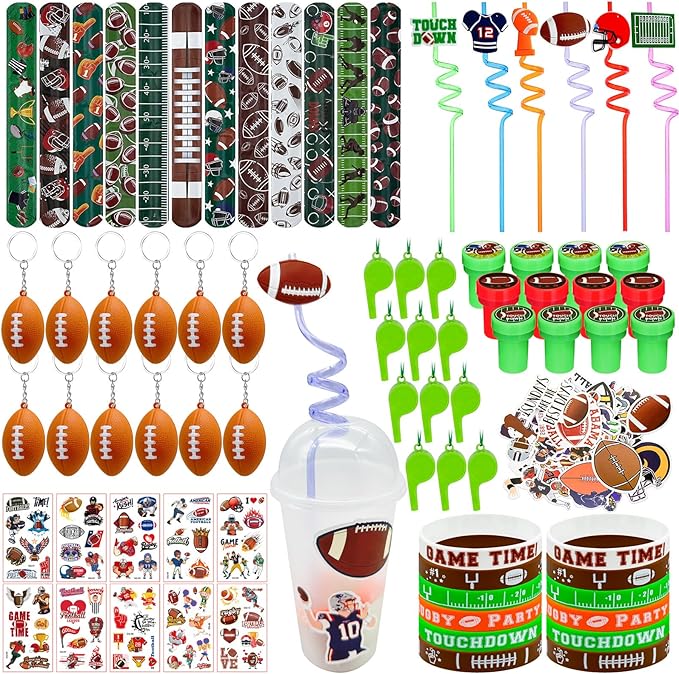 146 Pcs Football Party Favors, Sports Party Supplies with Cup Straw Football Keychain Tattoo Sticker Slap Bracelet Whistle Treat Bag Gifts for Classroom Rewards Football Birthday Party (Football)