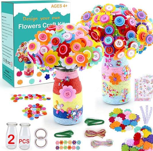 Crafts for Girls Ages 4-12 Gift Make Your Own Flower Bouquet with Buttons Felt Flowers, Valentines Day Gifts Vase Art and Craft for Kids- DIY Activity for Boys & Girls Age 6 7 8 9 10 11 12 Year Old