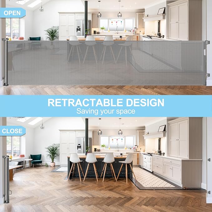 120 Inch Extra Wide Baby Gate Extra Long Dog Gate for The House Retractable Baby Gates for Doorways Super Large Pet Gate for Dogs Indoor Mesh Child Gates for Wide Openings Safety Toddler Gates (Grey)