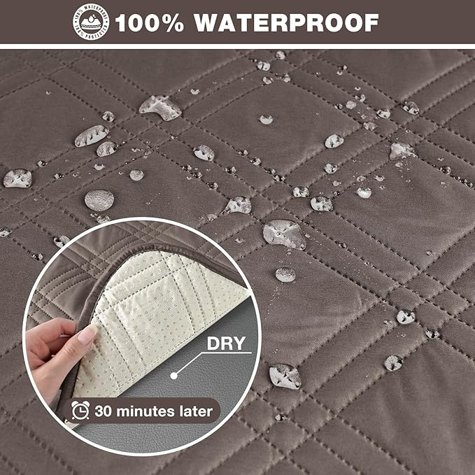 TAOCOCO 100% Waterproof Oversized Loveseat Recliner Cover, Non Slip Split Loveseat Covers for Reclining Loveseat with Elastic Straps for Kids Pets(Oversized 2 Seater, Taupe)