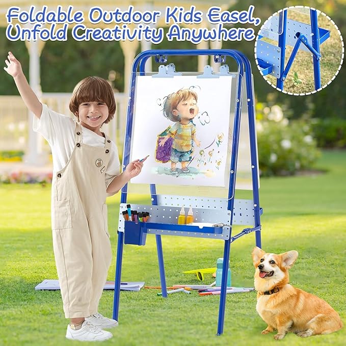 FUNLIO Foldable Outdoor Easel for Kids Aged 3+, Double-Sided Kids Easel with 2 Acrylic Boards & 21 pcs Accessories, Waterproof & Sunproof Art Easel for Kids, Portable & Stable - Blue