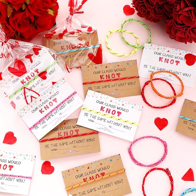 30 Pcs Kids Valentine's Day Card Adjustable Friendship Bracelets Our Class Will Knot Be The Same Without You Classroom Valentine Exchange Gifts for Kids Students Girls Boys School Party Favors