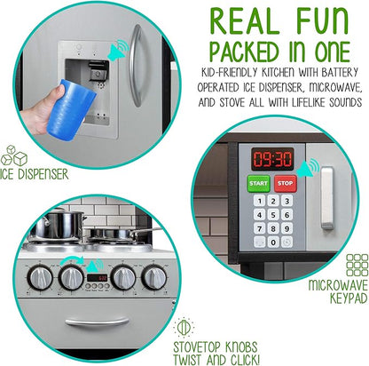 Lil' Jumbl Kids Kitchen Set, Pretend Wooden Play Kitchen, Battery Operated Icemaker & Microwave with Realistic Sound, Pots & Pan Included - Charcoal