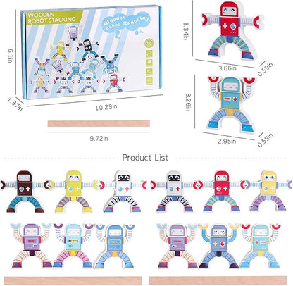 Wooden Robots Stacking Balancing Block Puzzle Game Building Toy Educational STEM Montessori for Preschool Kids Toddlers Sorting Skill Developing Intelligence Play Kits
